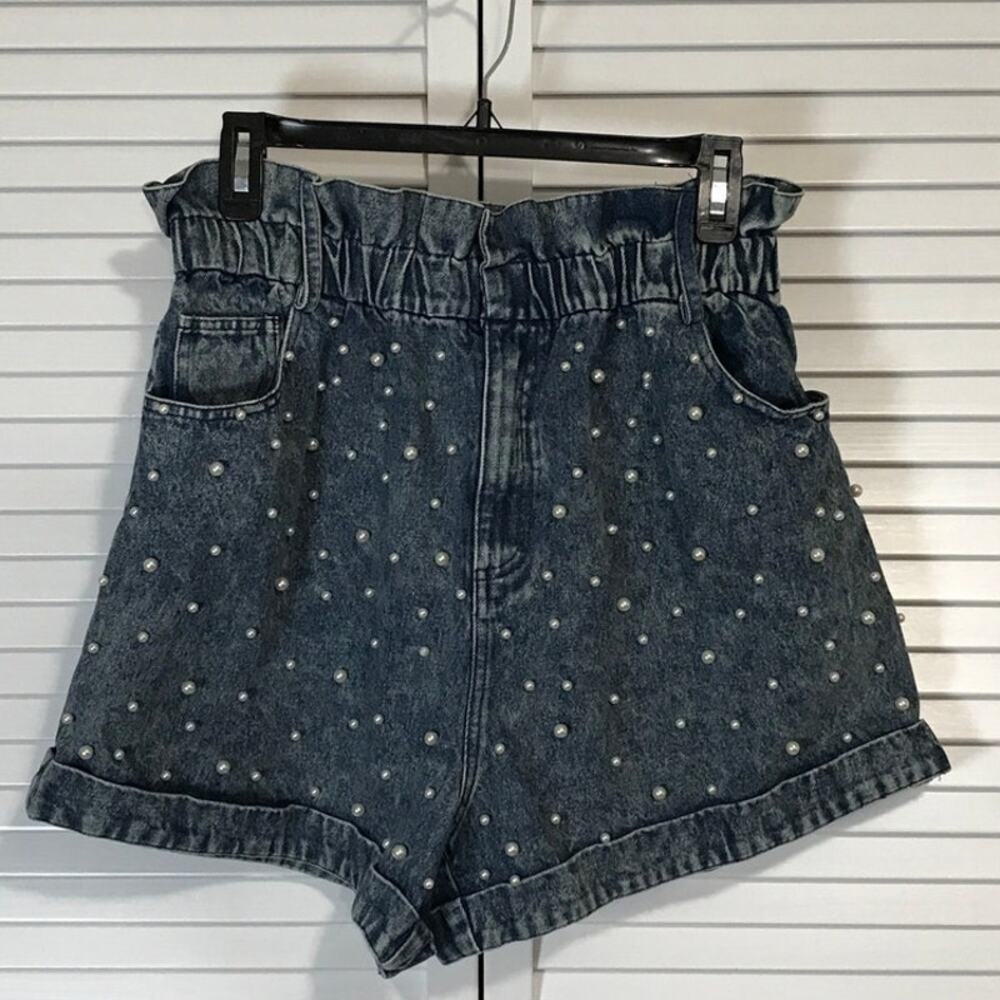 Fantastic Fawn Retro Y2K Blue Beaded High Paperbag Waisted Denim Jean Shorts L